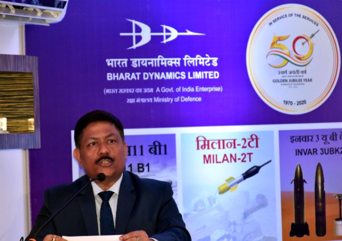 Commodore Siddharth Mishra(Retd), Chairman and Managing Director, BDL seen addressing the press conference PIC 9