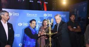 Ceremonial lamp lighting at the opening of the foundation laying event of Gera's World of Joy