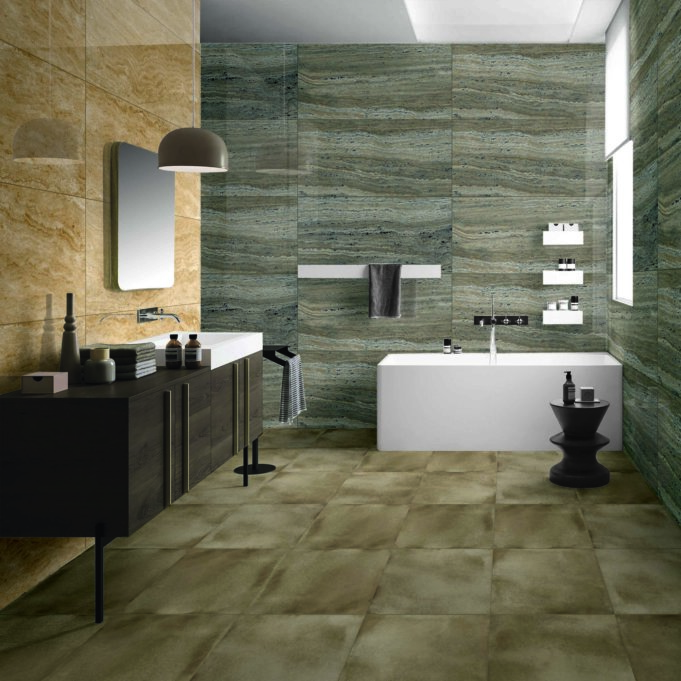 PGVT Travertine Onyx & PGVT Travertine Classic Bronze_Bathroom_600x1200 MM