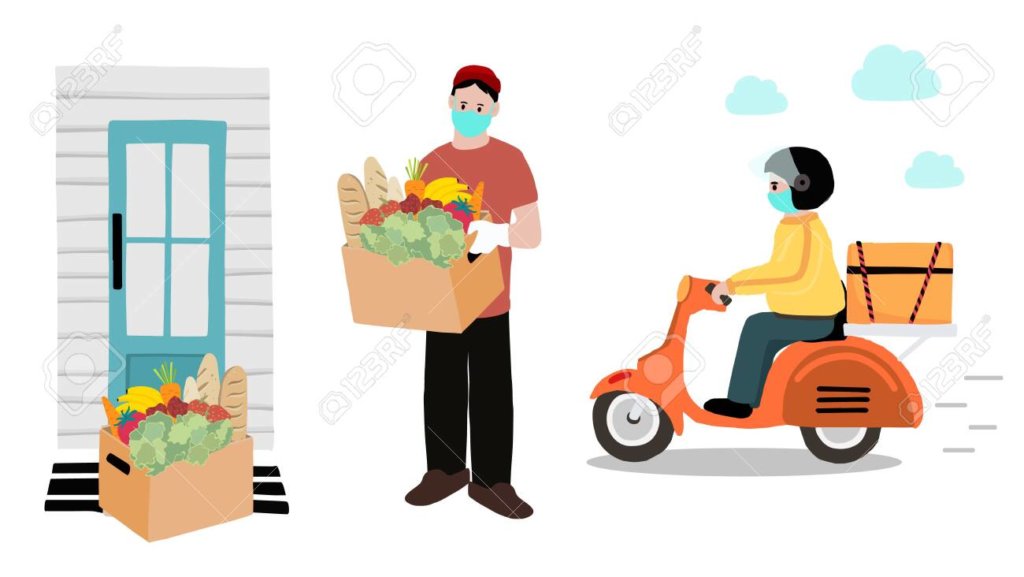 Online delivery contactless service to home,office by bicycle,motorcycle. delivery man is waring mark to prevent coronavirus